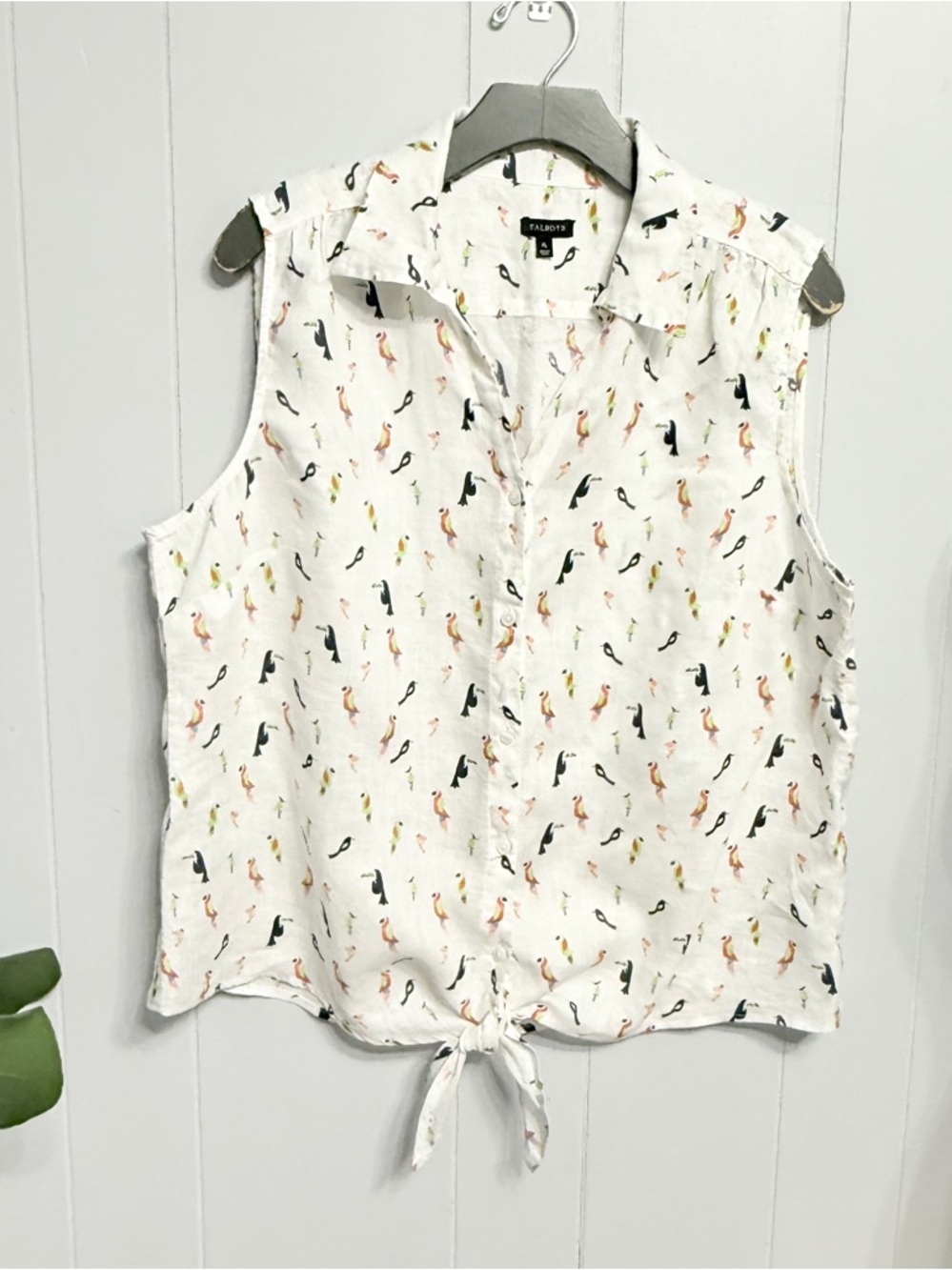 #7) 100% Linen White Sleeveless Tie-Front Camisole with Multicolor Bird Motif